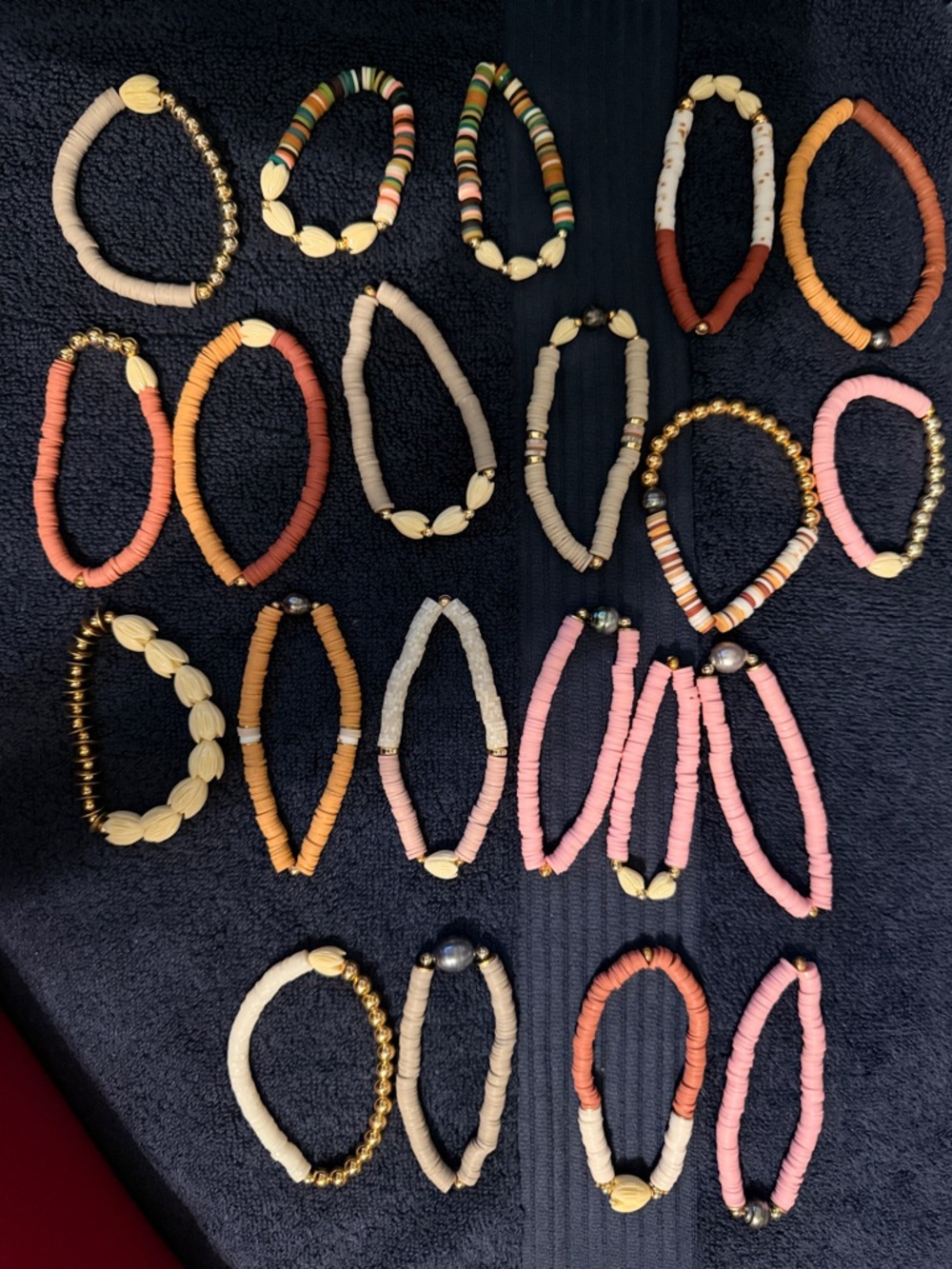 Handmade Beaded Shell Stretch Bracelet - Pink, Coral, Tan, Gold